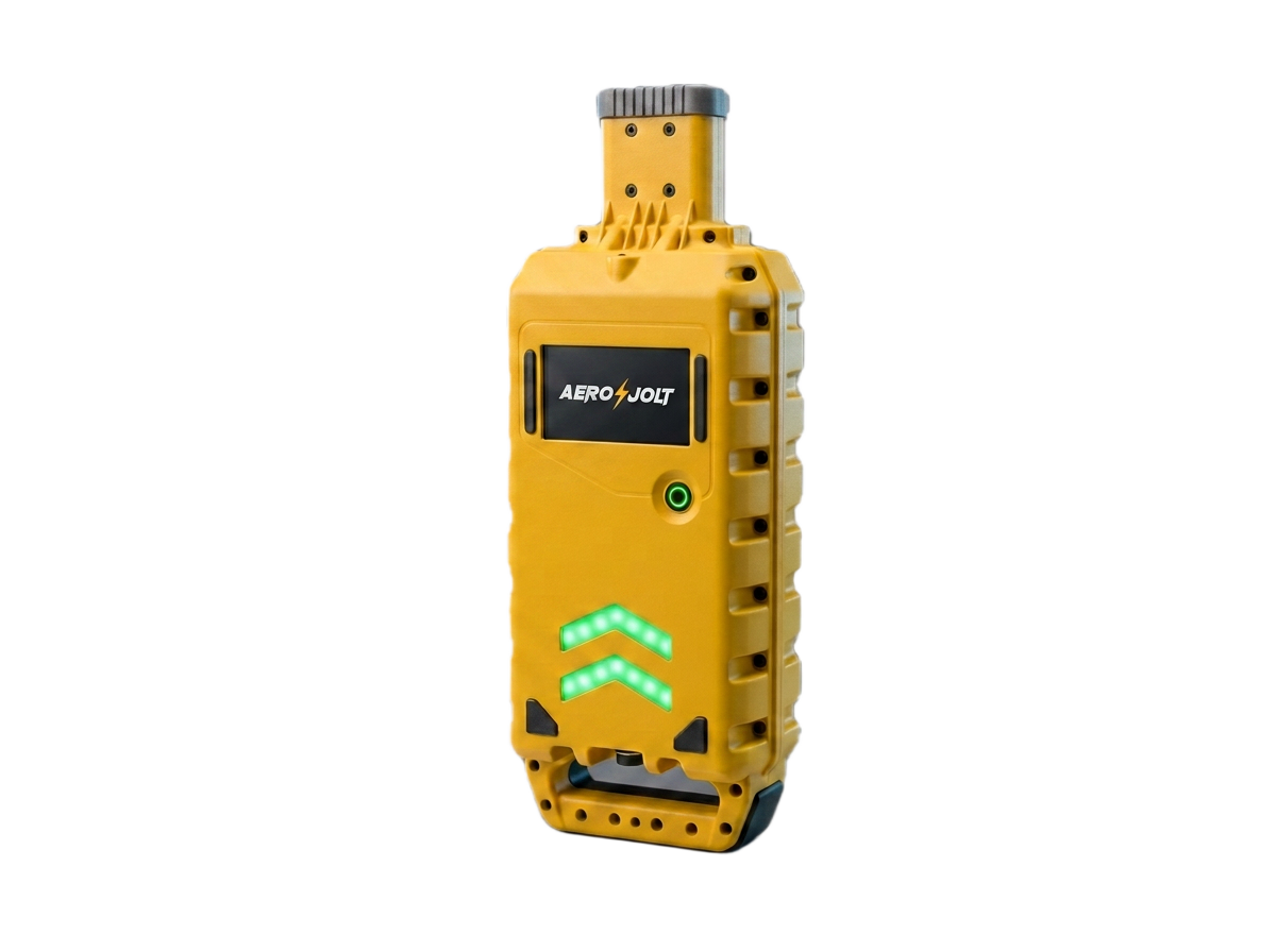 Aero-Jolt 28V portable aircraft ground power unit in aviation yellow, front three-quarter view with illuminated green status chevrons and branded display